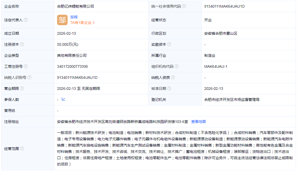 注资5个亿！亿纬锂能合肥新公司
