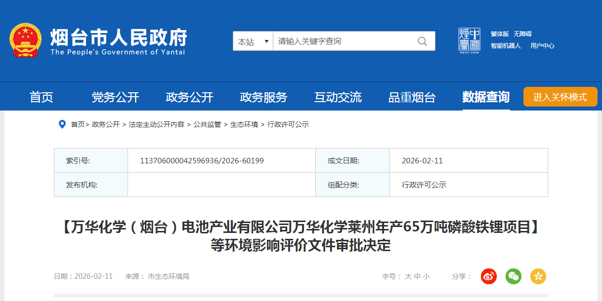 105万吨磷酸铁锂！万华三大项目公示