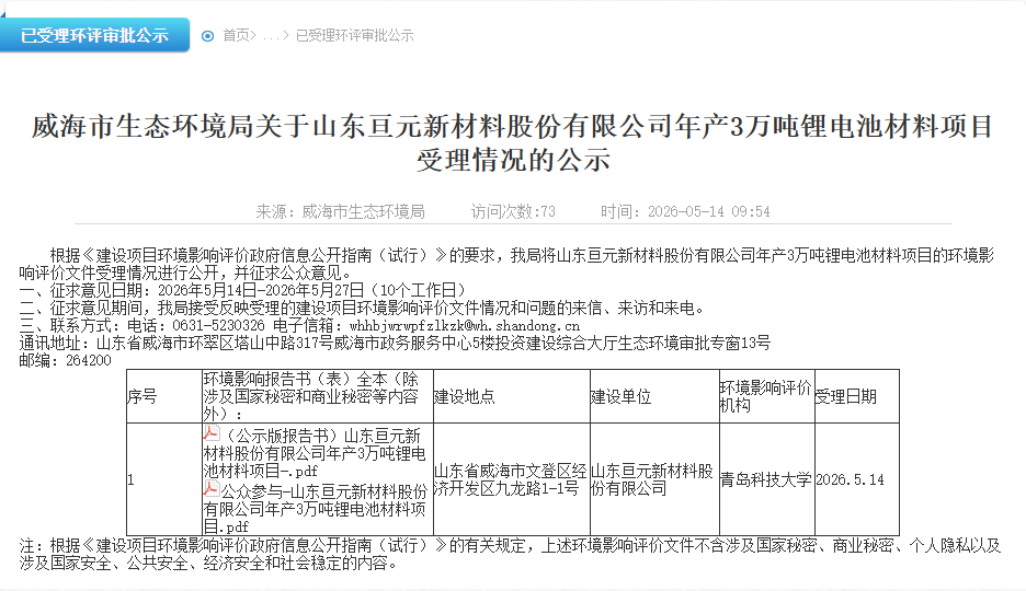 3万吨锂电池材料项目山东公示